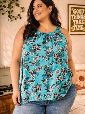Torrid Size 4 Teal Floral Sleeveless Blouse Plus Size 4X Flowy Top